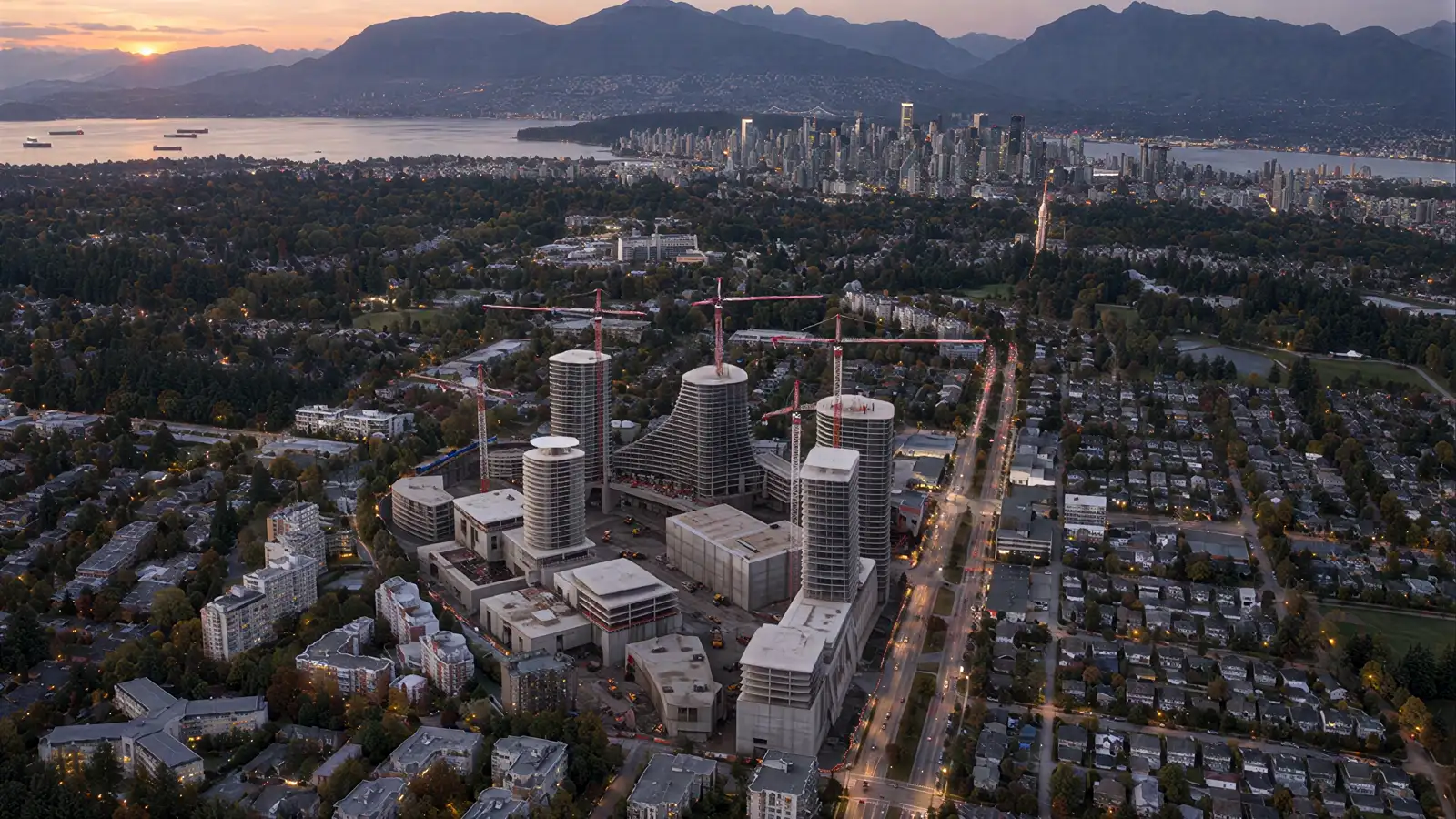Aerial view of Oakridge Park towers under construction with tower cranes