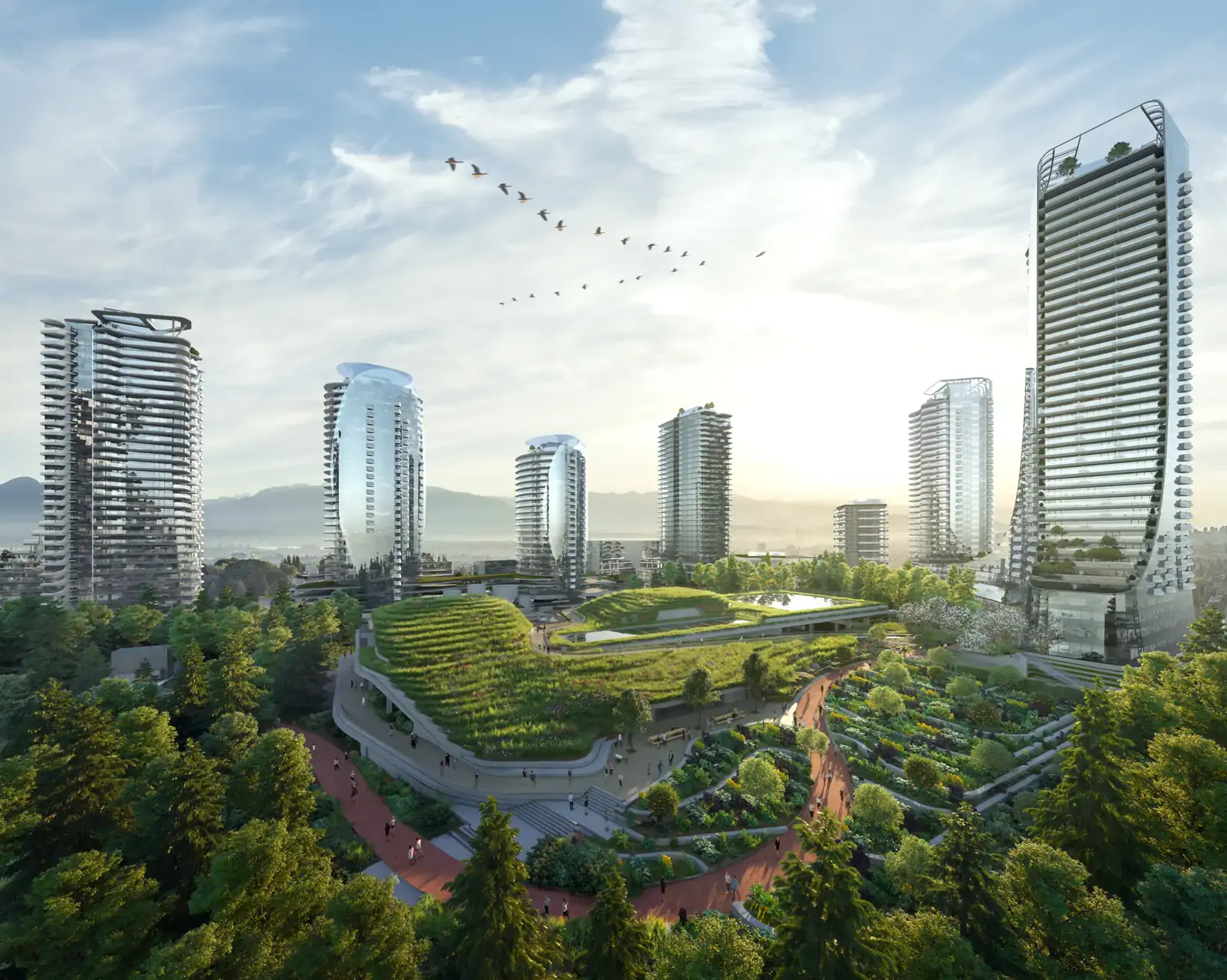 Rendering of the Oakridge Park towers rising above the rooftop park and gardens